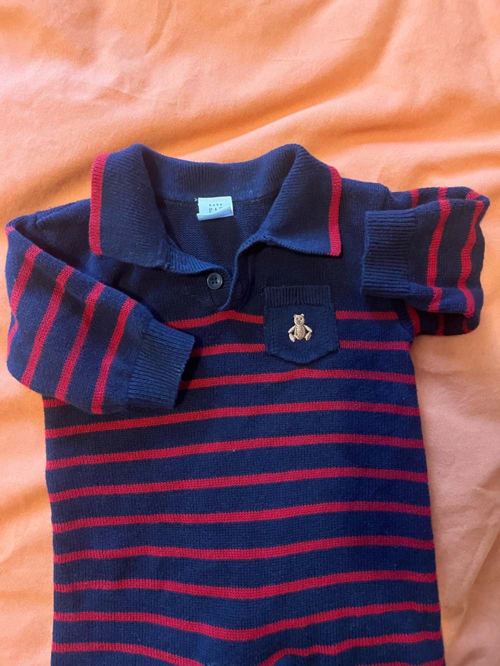 GAP Navy and Red Striped Polo Sweater with Teddy Pocket